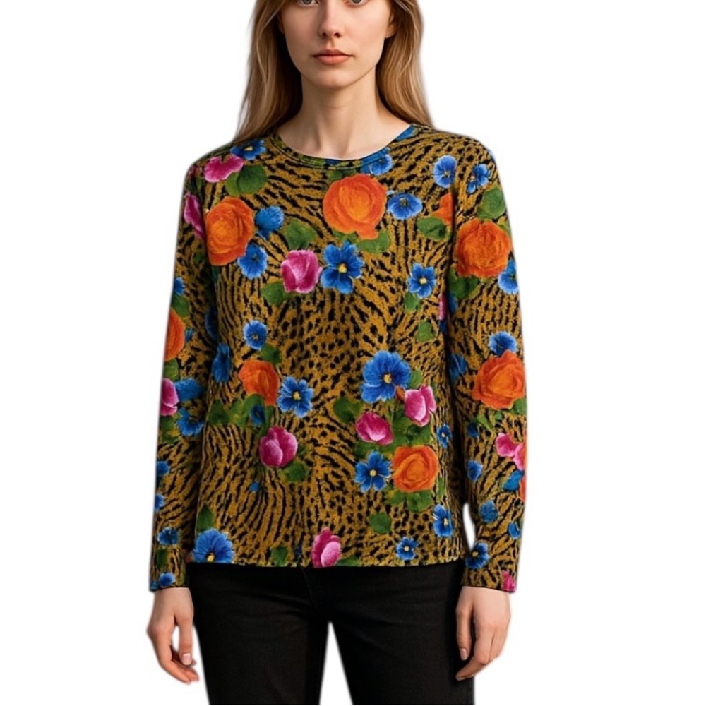 VINTAGE - Style Up California Floral Animal Print Long Sleeve Top Size Large